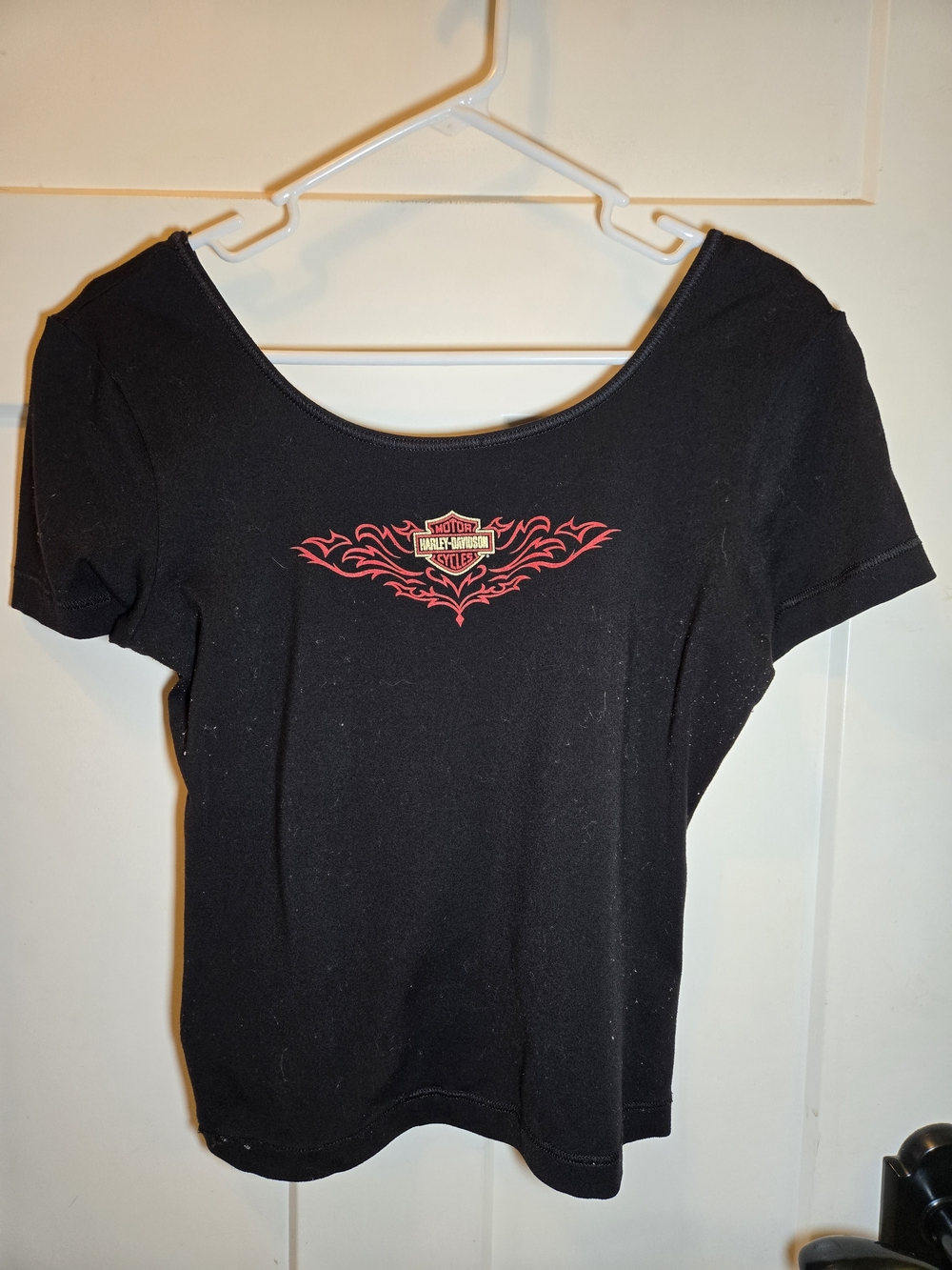 Harley-Davidson Black Scoop Neck Women's Tee with Red Flame Logo